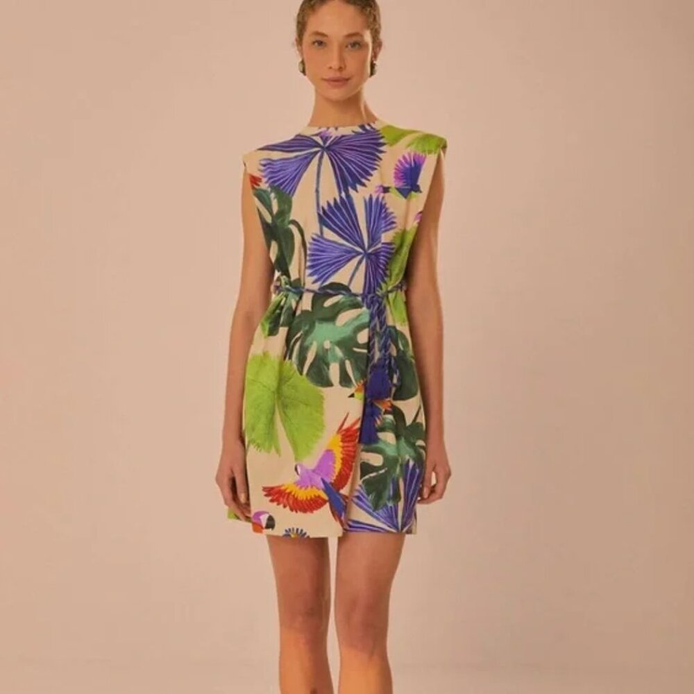 Farm Rio Sand Macaw Jungle Organic Cotton T-Shirt Dress (XS)